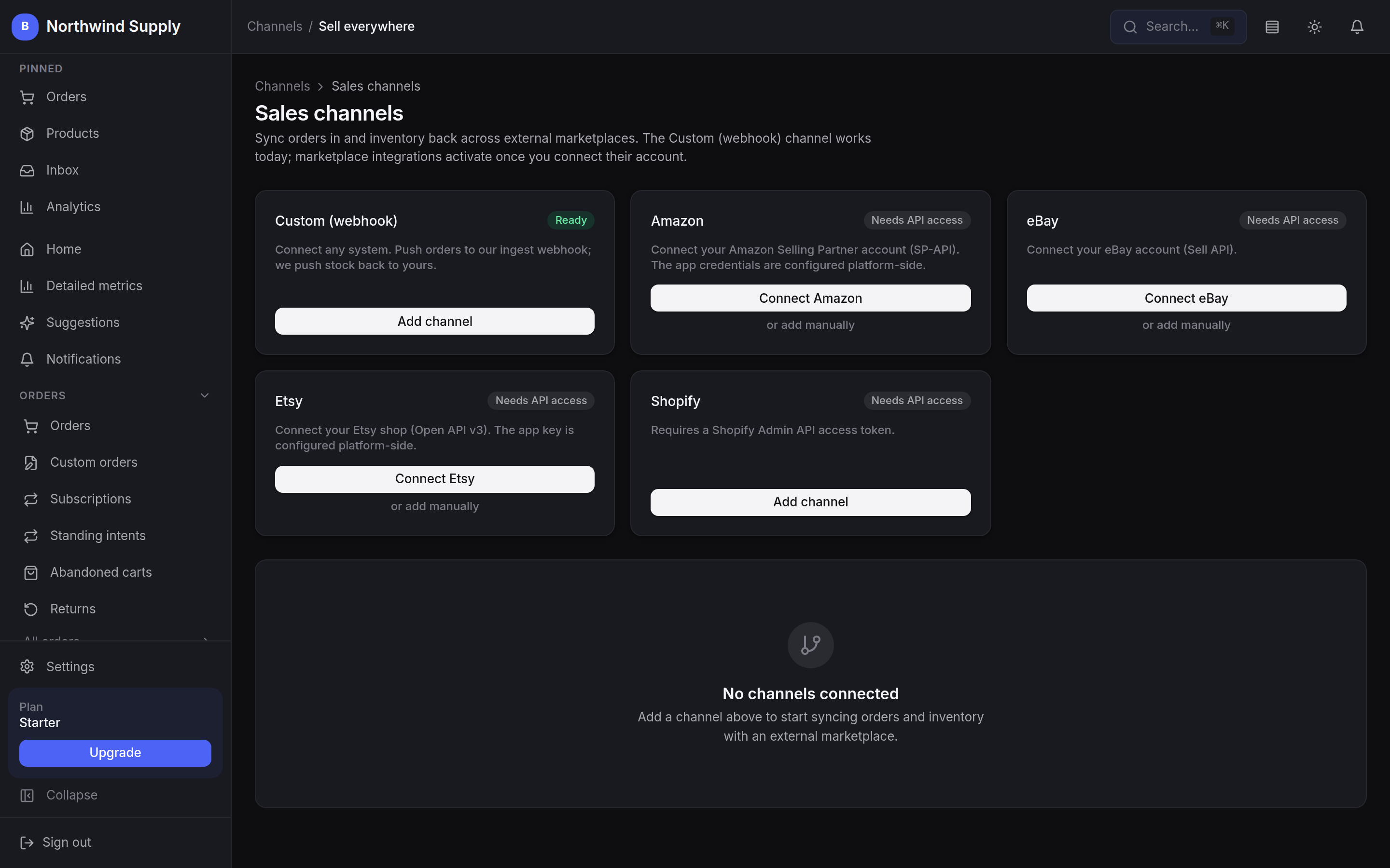 The sales channels screen showing a Custom webhook channel marked Ready, plus Amazon, eBay, Etsy and Shopify cards each marked “Needs API access” with a connect action.