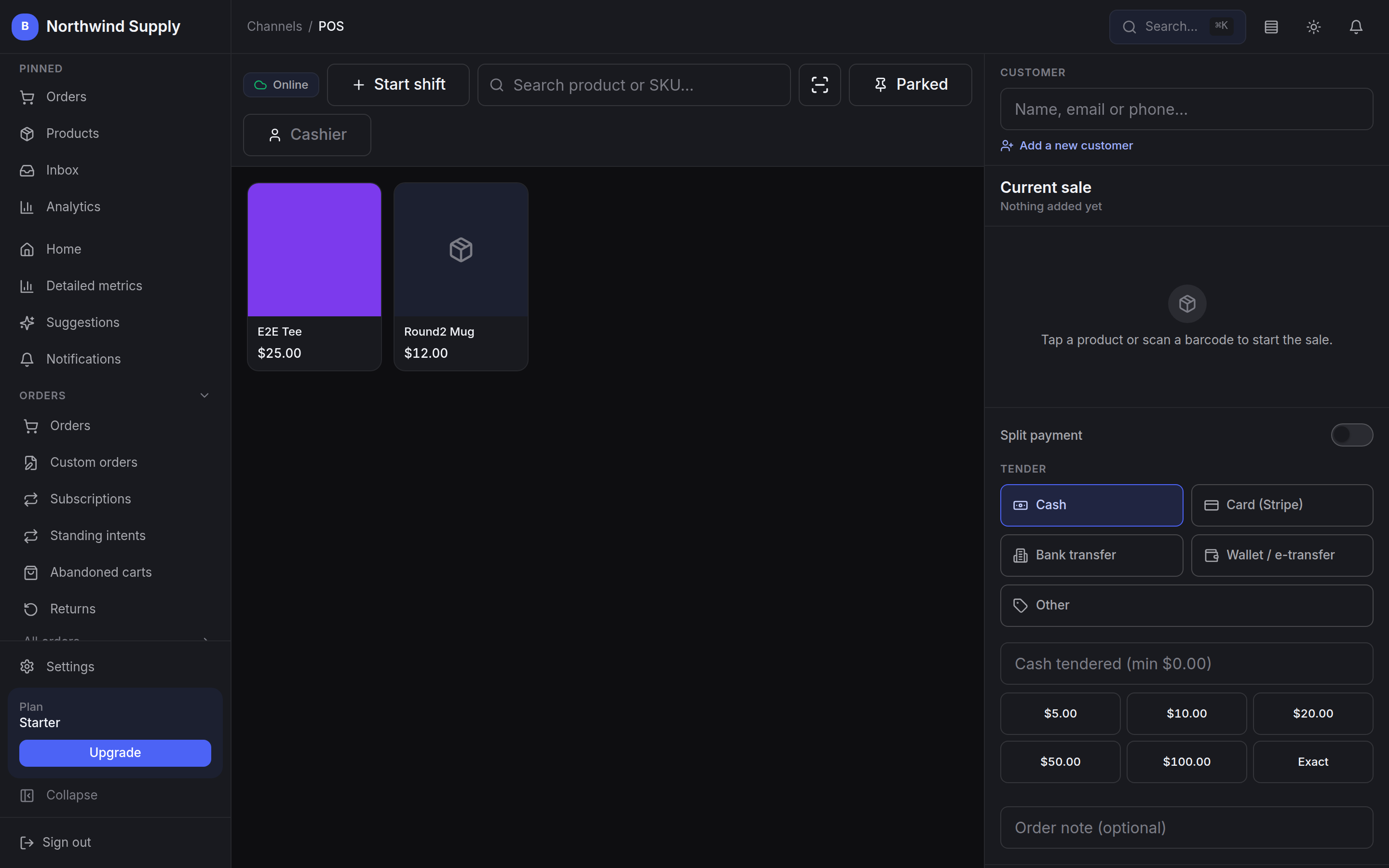 The point of sale register: a product grid on the left, and a sale rail on the right with customer lookup, split payment toggle, tender options for cash, card, bank transfer and wallet, and quick cash amounts.